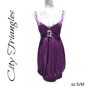 Purple Satin Balloon Hem Spaghetti Strap Cocktail Party Knee Length Mini Dress